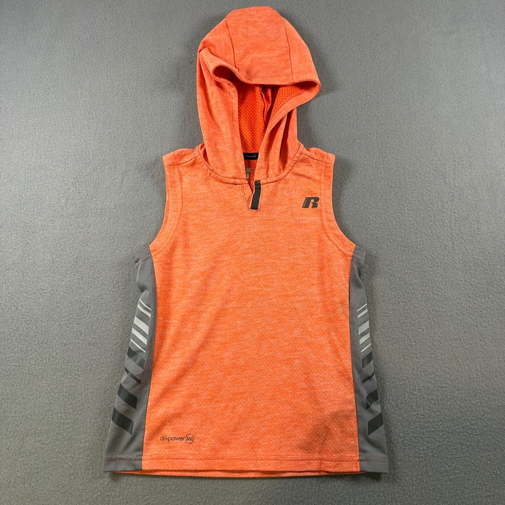 Russell Boys Dri-Power 360 Sleeveless Hoodie Orange Grey Small 6-7 FFRB29480
